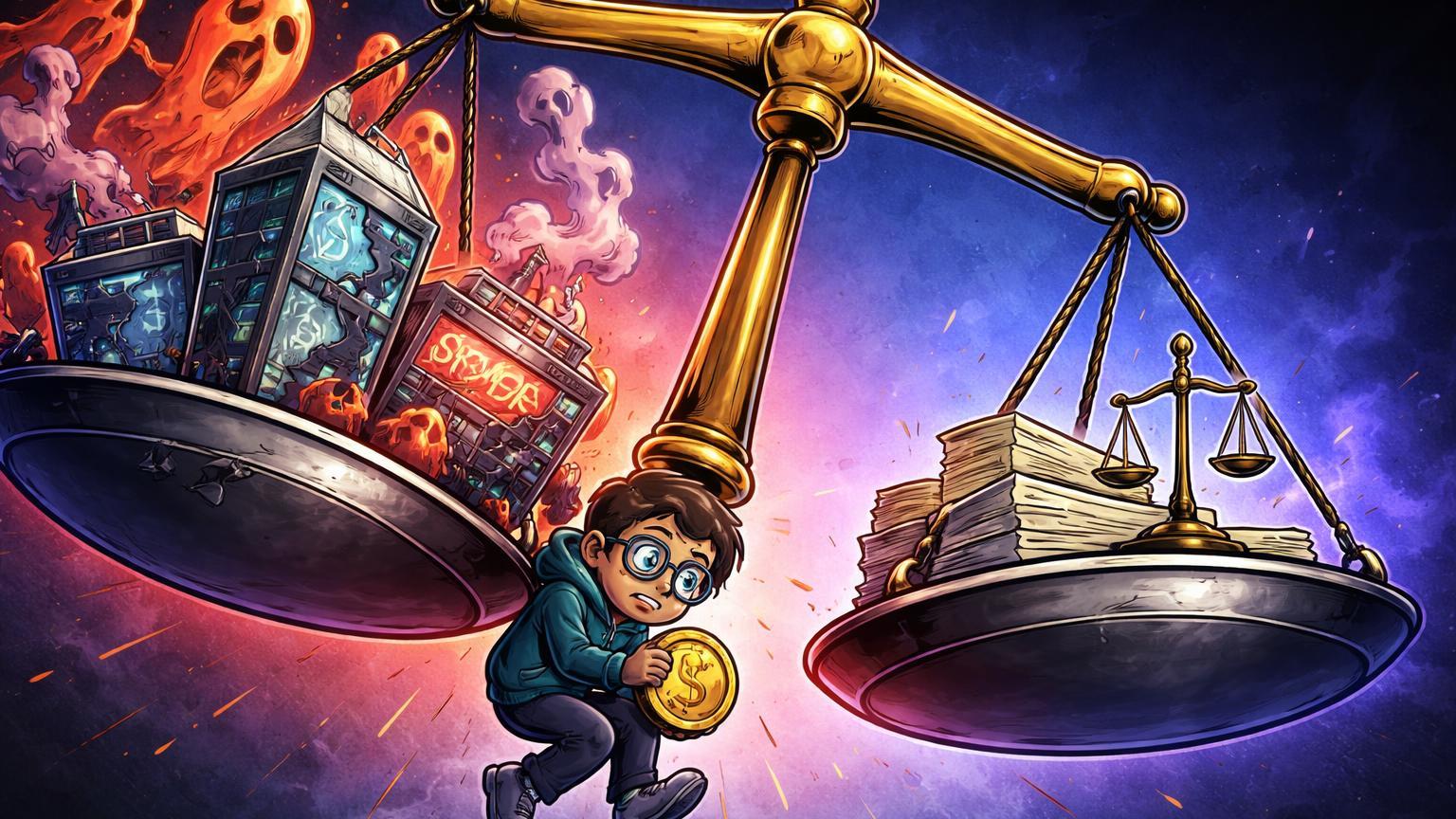 Balança desequilibrada com exchanges falhando sob FUD e outage, investidor cartoon pendurado preocupado, simbolizando tensão regulatória cripto