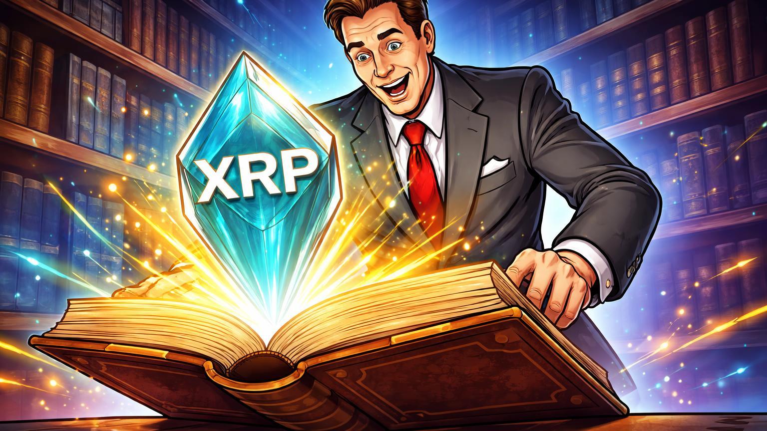 Banqueiro cartoon abrindo livro de contabilidade de onde emerge cristal XRP brilhante, simbolizando exposição institucional da Goldman Sachs
