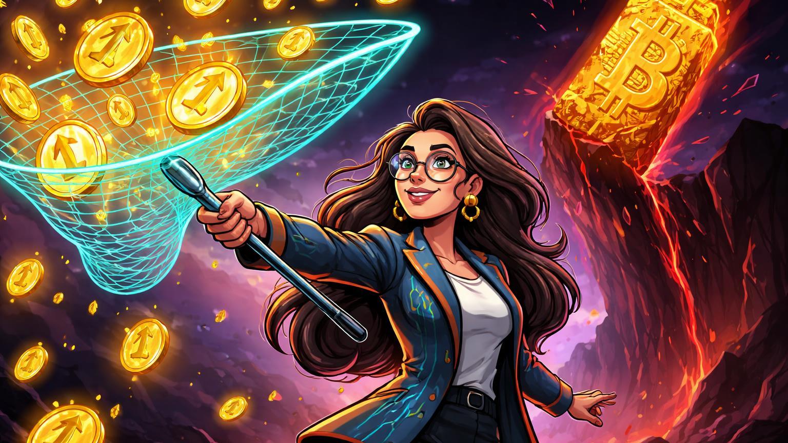 Gestora cartoon capturando ações douradas caindo com rede enquanto Bitcoin despenca, simbolizando compra oportunista de Cathie Wood