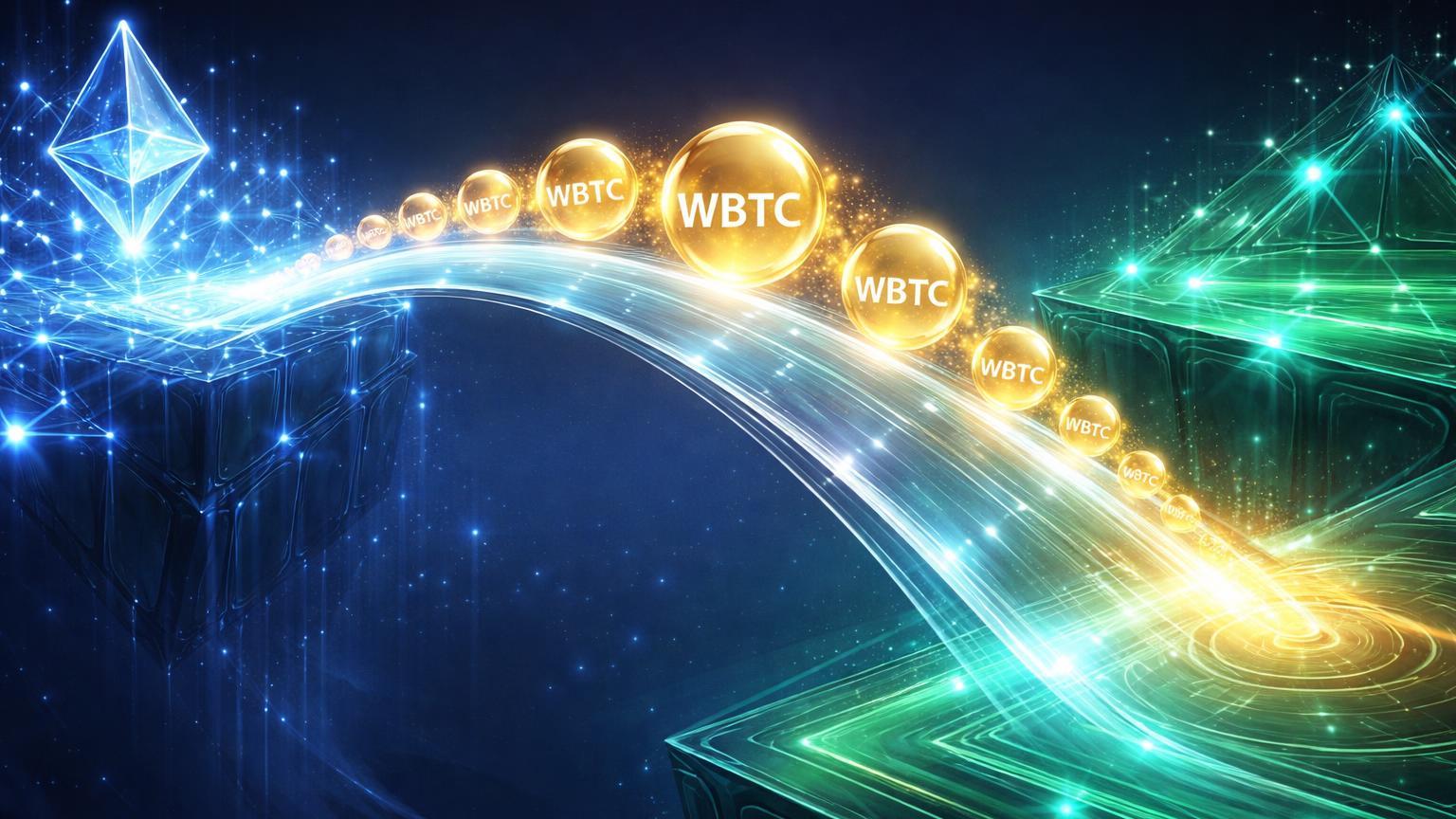 Ponte glassmorphism conectando Ethereum e Solana com fluxo de esferas WBTC douradas, injetando liquidez no DeFi da Solana