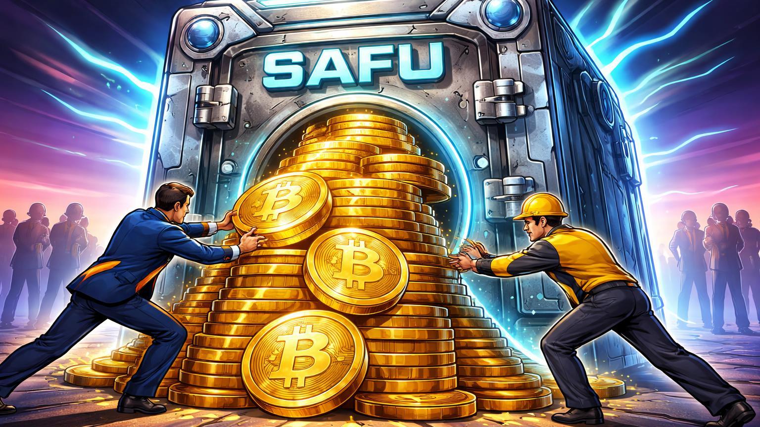 Executivos cartoon empurrando pilhas de Bitcoin para cofre SAFU fortress, contrastando confiança institucional com hesitação do varejo
