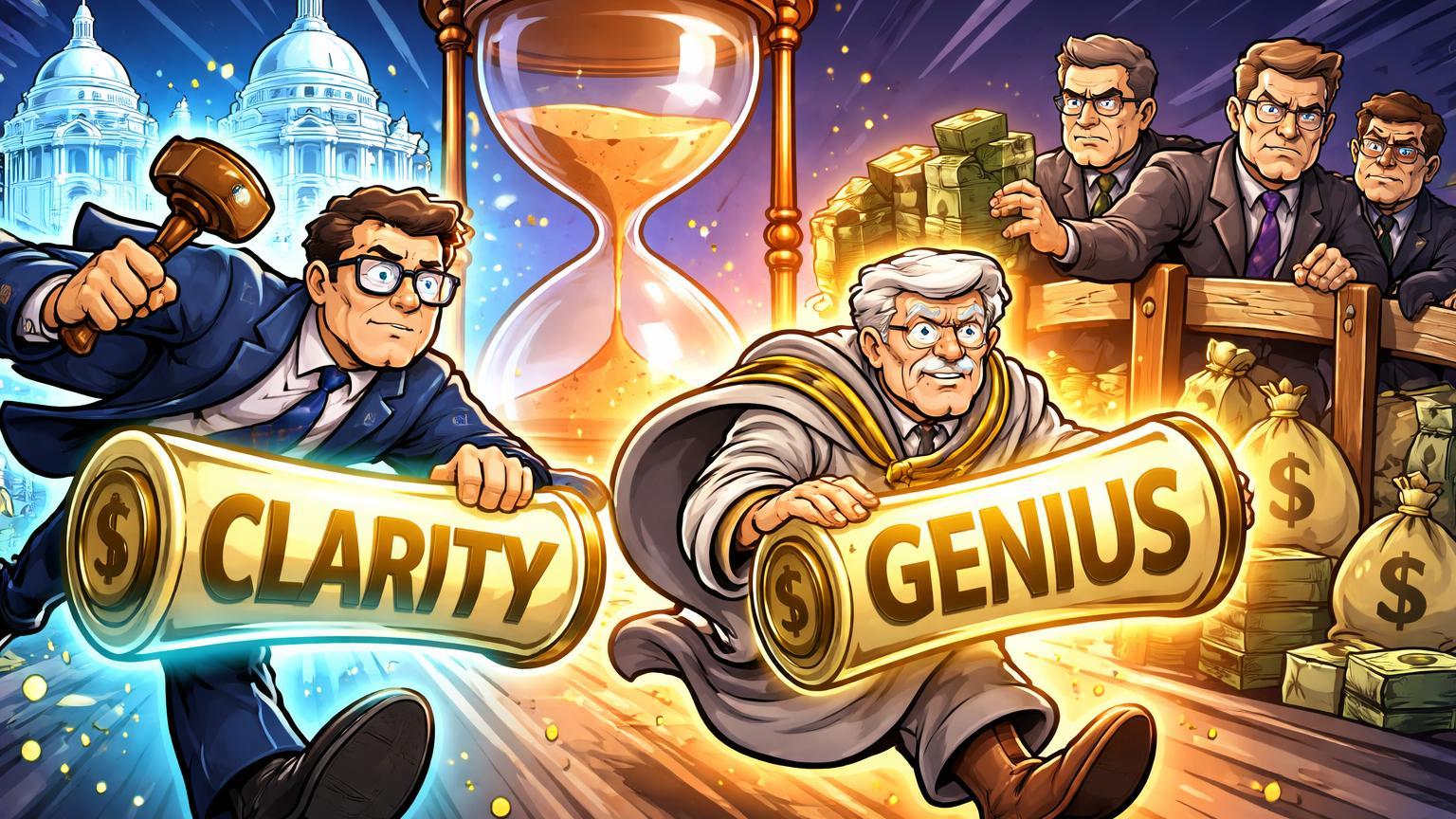 Personagens cartoon de SEC e senadores correndo com pergaminhos CLARITY e GENIUS contra bloqueio de banqueiros, simbolizando urgência legislativa cripto nos EUA