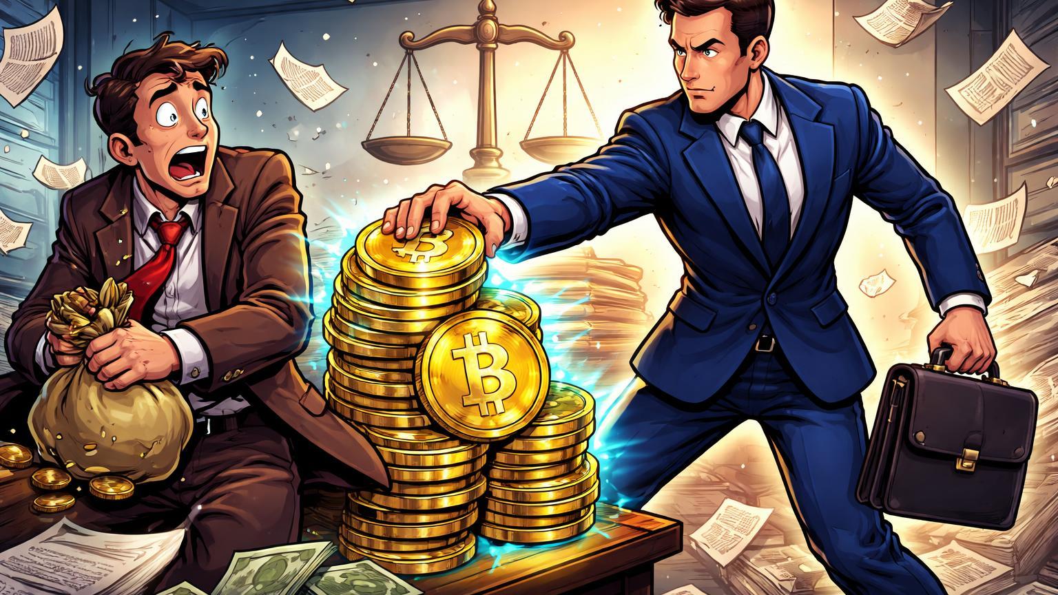 Promotor cartoon apreendendo pilha de Bitcoins de empresário evasor, representando apreensão no caso Ultrafarma e crimes com cripto