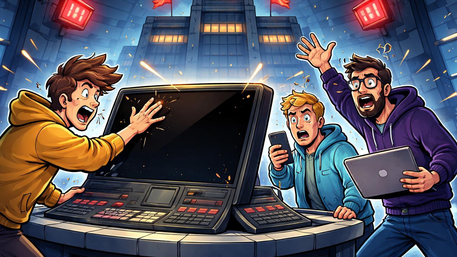 Traders cartoon frustrados cercando terminal de negociação apagado com faíscas, representando apagão técnico na Coinbase e riscos de CEX