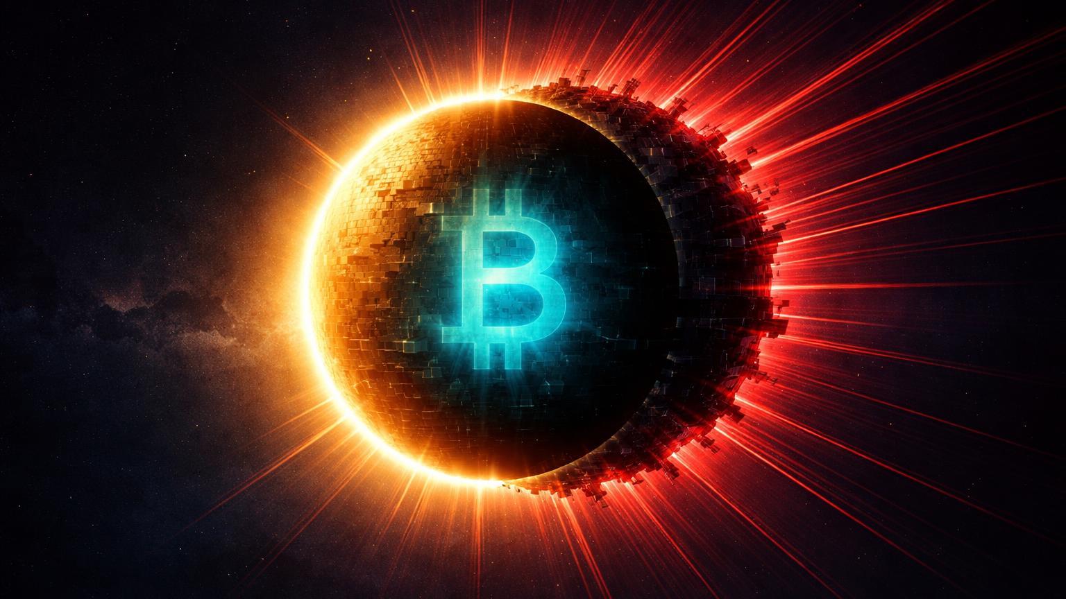 Sol dourado eclipsado por disco negro com raios vermelhos pulsantes e glow cyan central, simbolizando pânico extremo no Bitcoin similar ao FTX