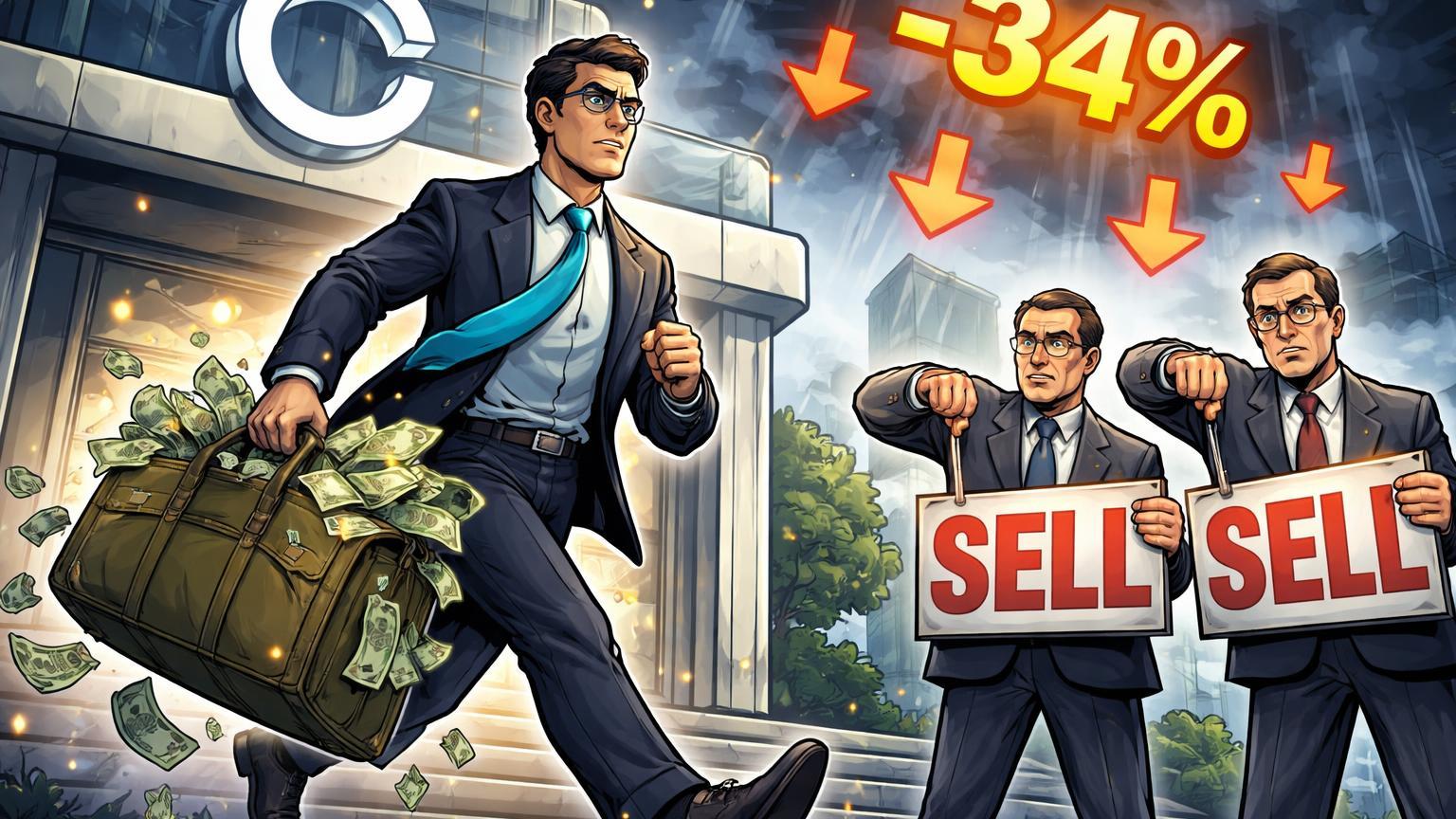 CEO cartoon com mala de ações saindo de prédio Coinbase enquanto analistas Wall Street sinalizam 'Sell', ilustrando downgrades e queda de 34% nas ações