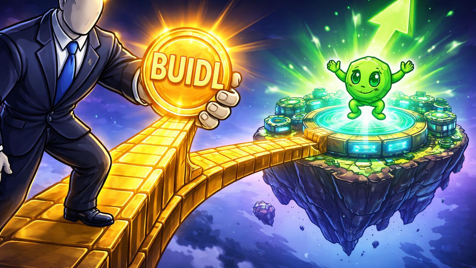 Personagem BlackRock cartoon estendendo ponte dourada com token BUIDL a plataforma Uniswap DeFi, UNI pulando em alta de 40%