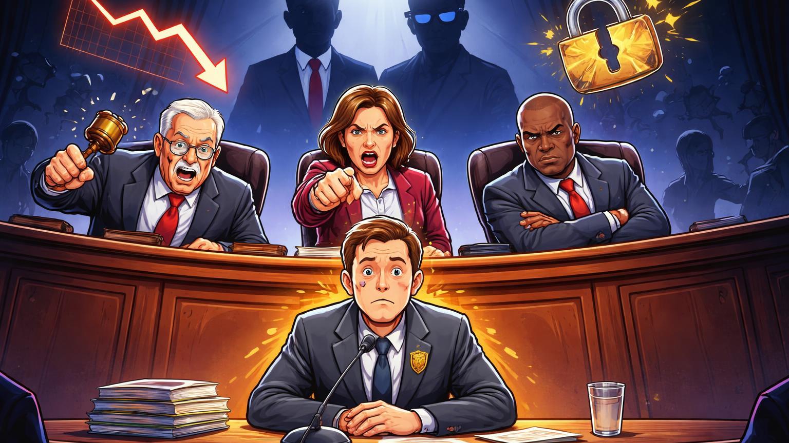 Congressistas cartoon interrogando figura da SEC em audiência, com sombras de influência política sobre caso Justin Sun e enforcement cripto