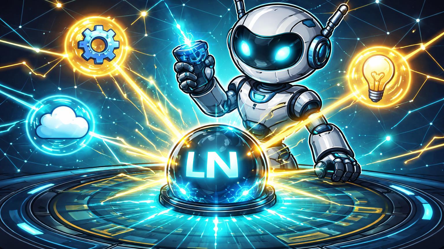 Robô cartoon operando nodo Lightning com raios de pagamento para serviços, simbolizando IAs autônomas pagando com Bitcoin sem bancos