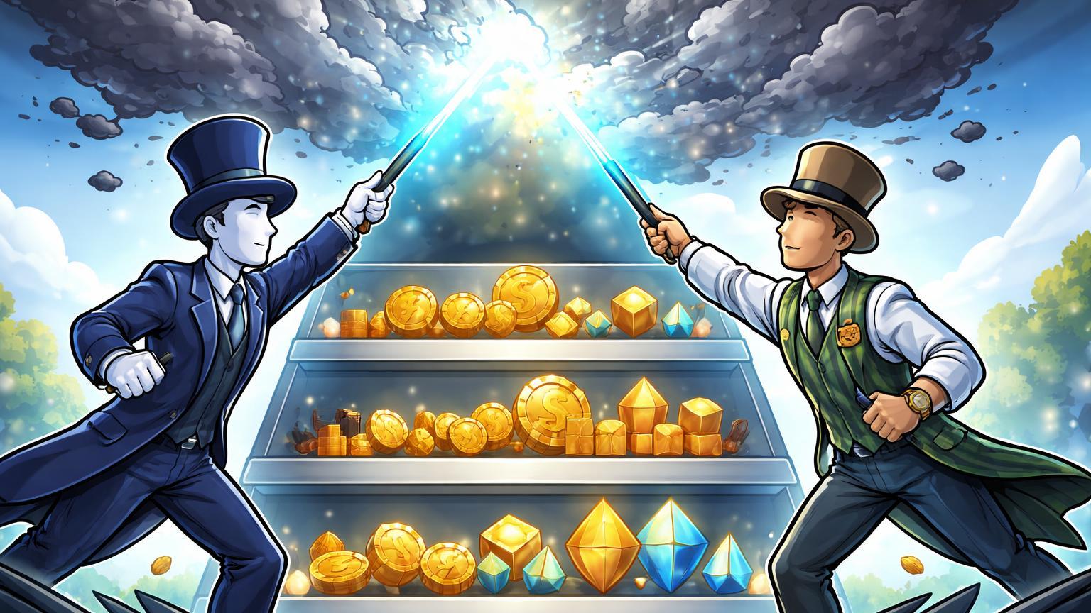 Personagens reguladores cartoon dissipando nuvem cinzenta e classificando criptos em categorias claras, simbolizando avanço da SEC e Fed na regulação