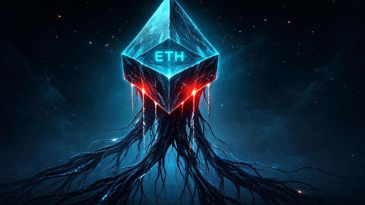 Prisma Ethereum hexagonal com vazamentos vermelhos ancorados por raízes baleia, simbolizando saídas de ETFs e retirada de ETH de exchanges