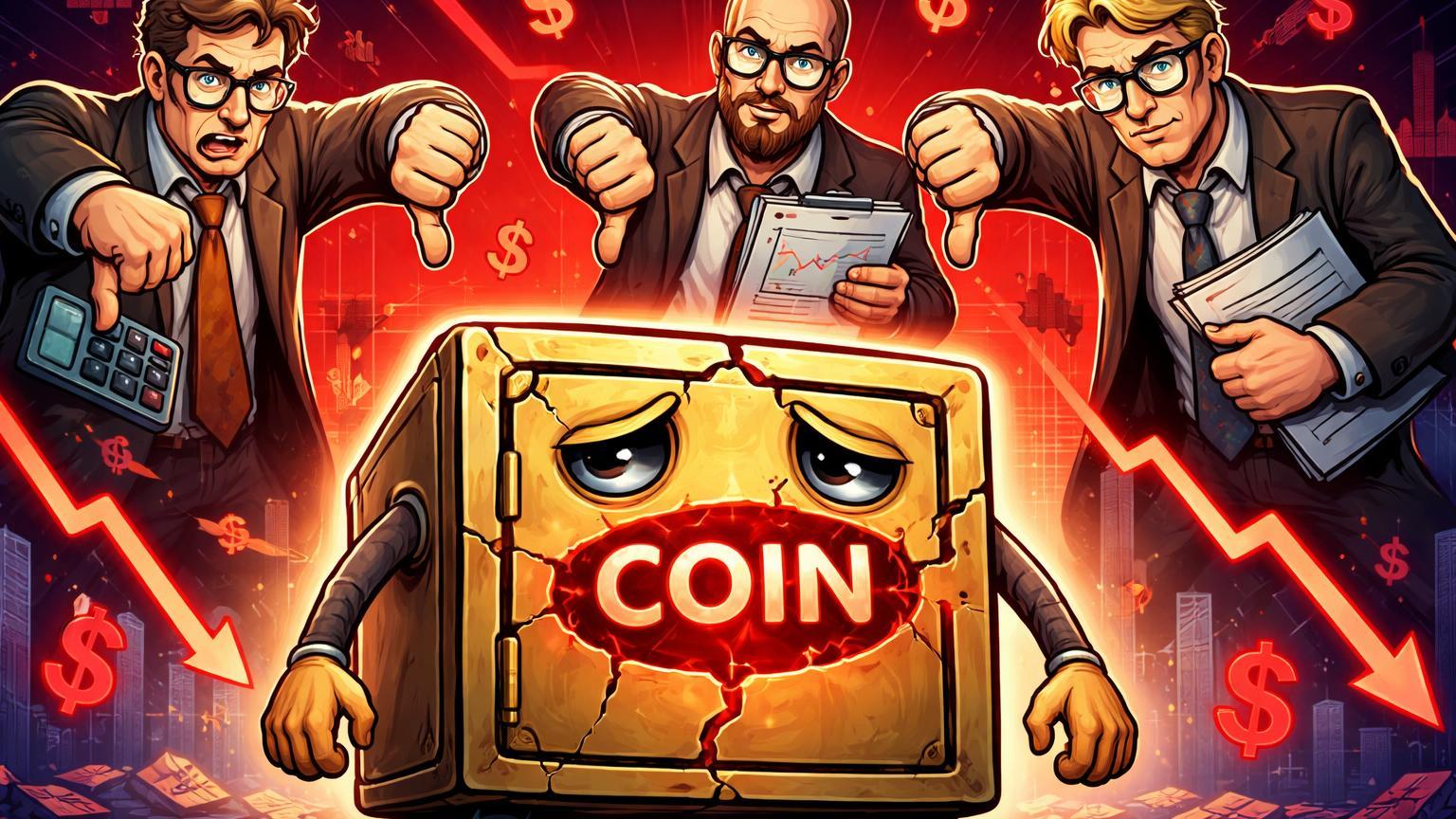 Analistas cartoon apontando polegares para baixo sobre cofre COIN rachado e gráficos em queda, ilustrando prejuízo trimestral da Coinbase