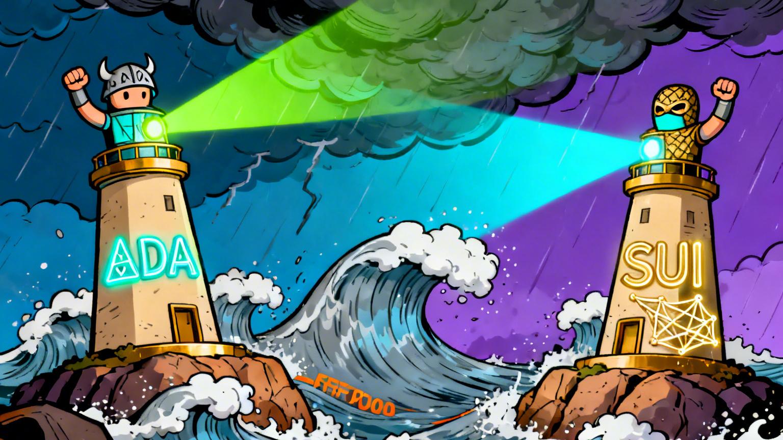 Faróis ADA e SUI brilhando intensamente em tempestade digital sobre rochas, simbolizando altas de Cardano e Sui contra correção do mercado