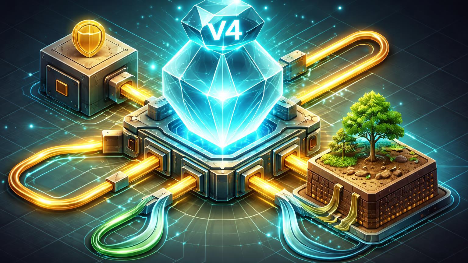 Tesouro DAO isométrico cristalino recebendo fluxos dourados de receita V4, com módulos de taxa fixa e RWA, simbolizando governança do Aave