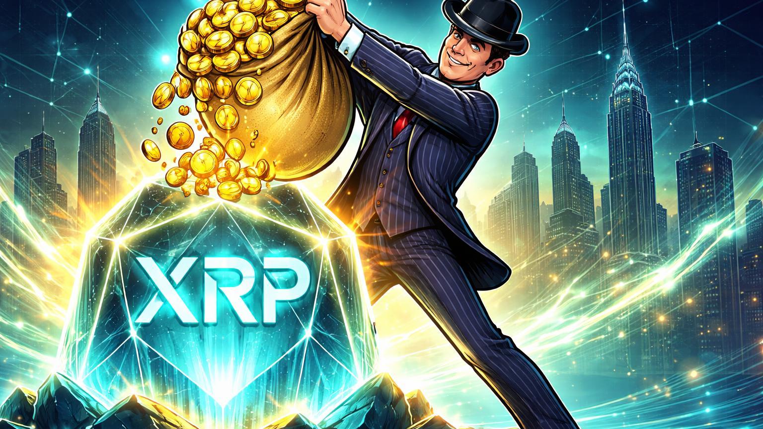 Executivo Wall Street cartoon despejando moedas douradas em estrutura XRP cristalina, simbolizando investimento de US$ 152 mi da Goldman Sachs em ETFs