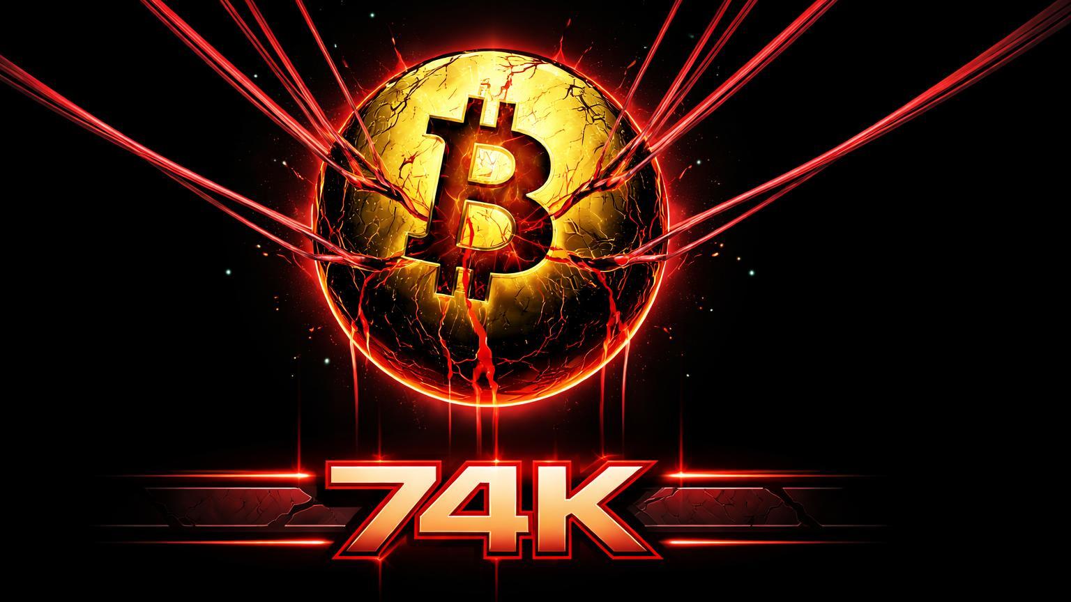 Núcleo dourado de Bitcoin tensionado por filamentos vermelhos puxando para linha 74K, simbolizando pressão de expiração de opções no max pain