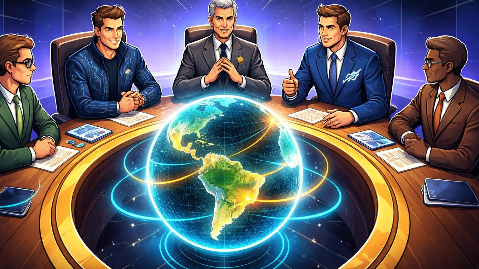 Personagens cartoon em mesa de comitê ao redor de globo digital conectando América e Brasil, simbolizando comitê de inovação da CFTC com Coinbase e Ripple