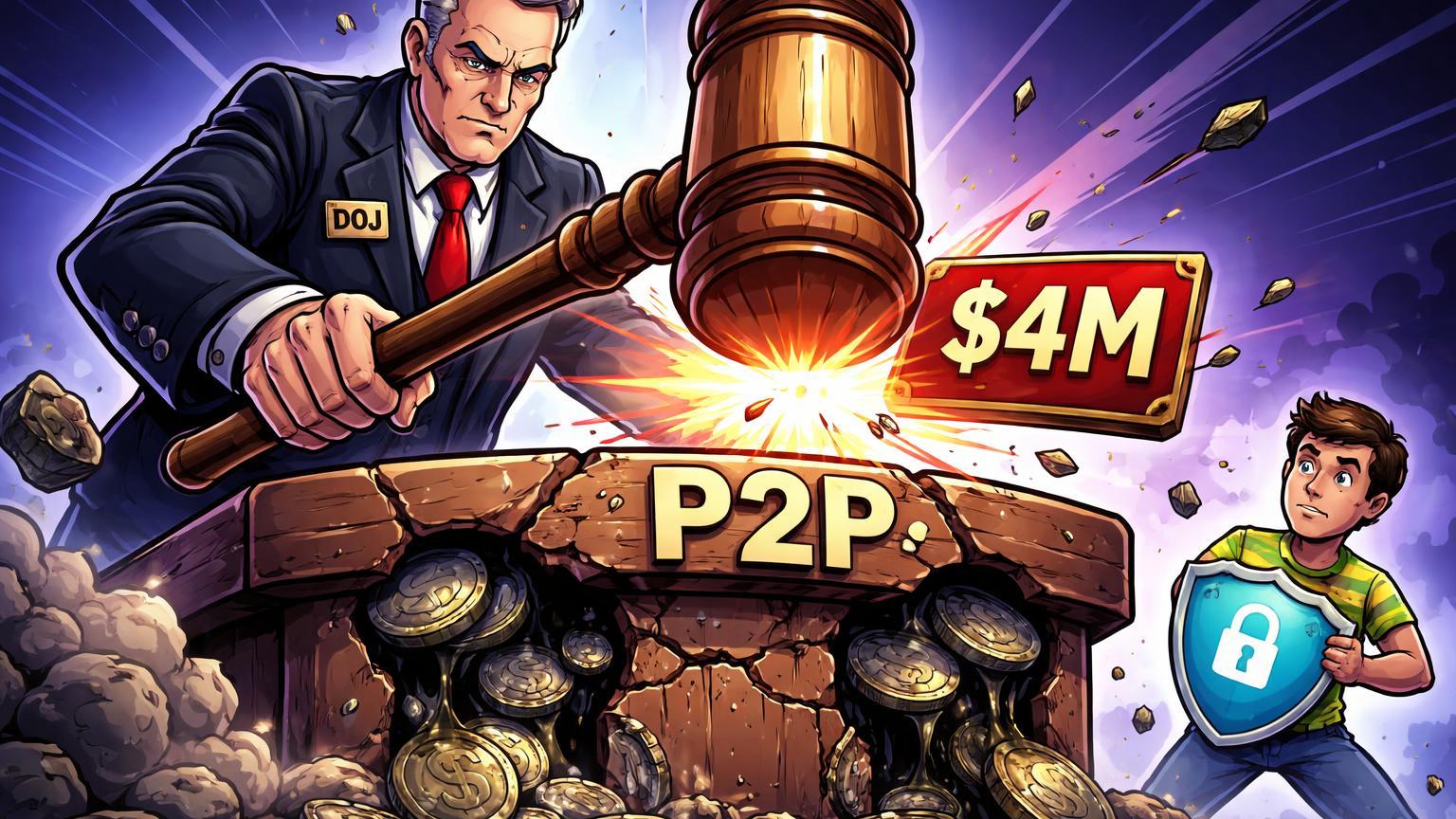 Juiz cartoon do DOJ multando balcão de exchange com buracos e placa $4M voando, investidor protegido observa falhas em AML/KYC