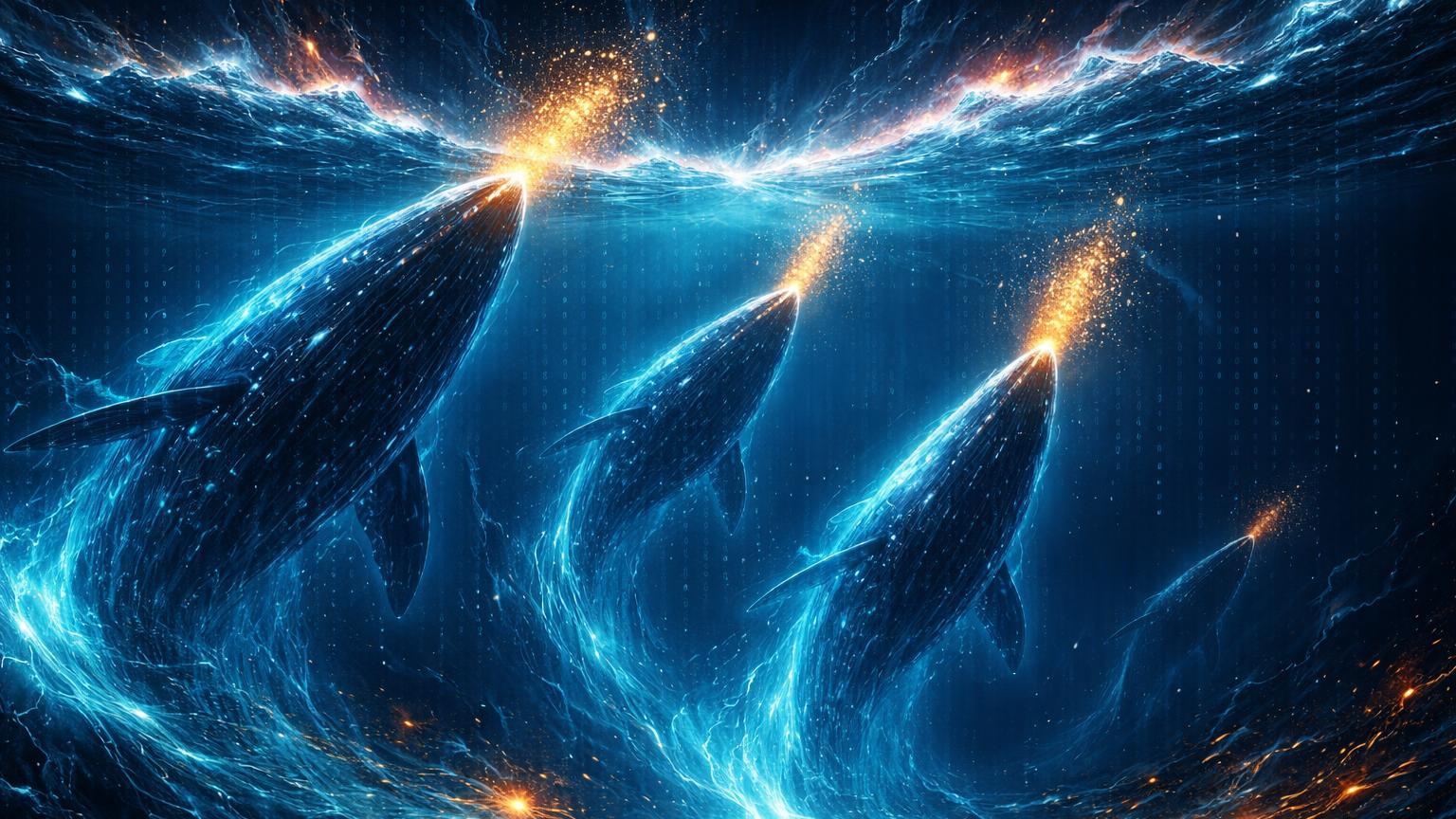 Baleias digitais emergindo de abismo expelindo fluxos dourados de BTC em superfície turbulenta cyan, alertando volatilidade on-chain no Bitcoin