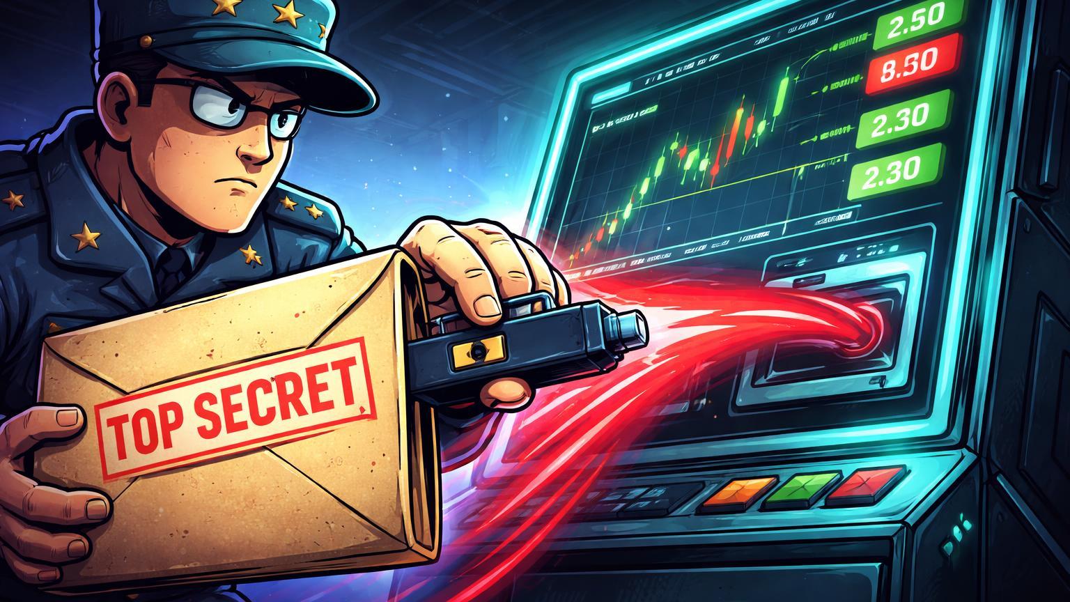 Personagem cartoon militar plugando envelope 'TOP SECRET' em terminal de apostas neon, simbolizando escândalo de insider trading no Polymarket