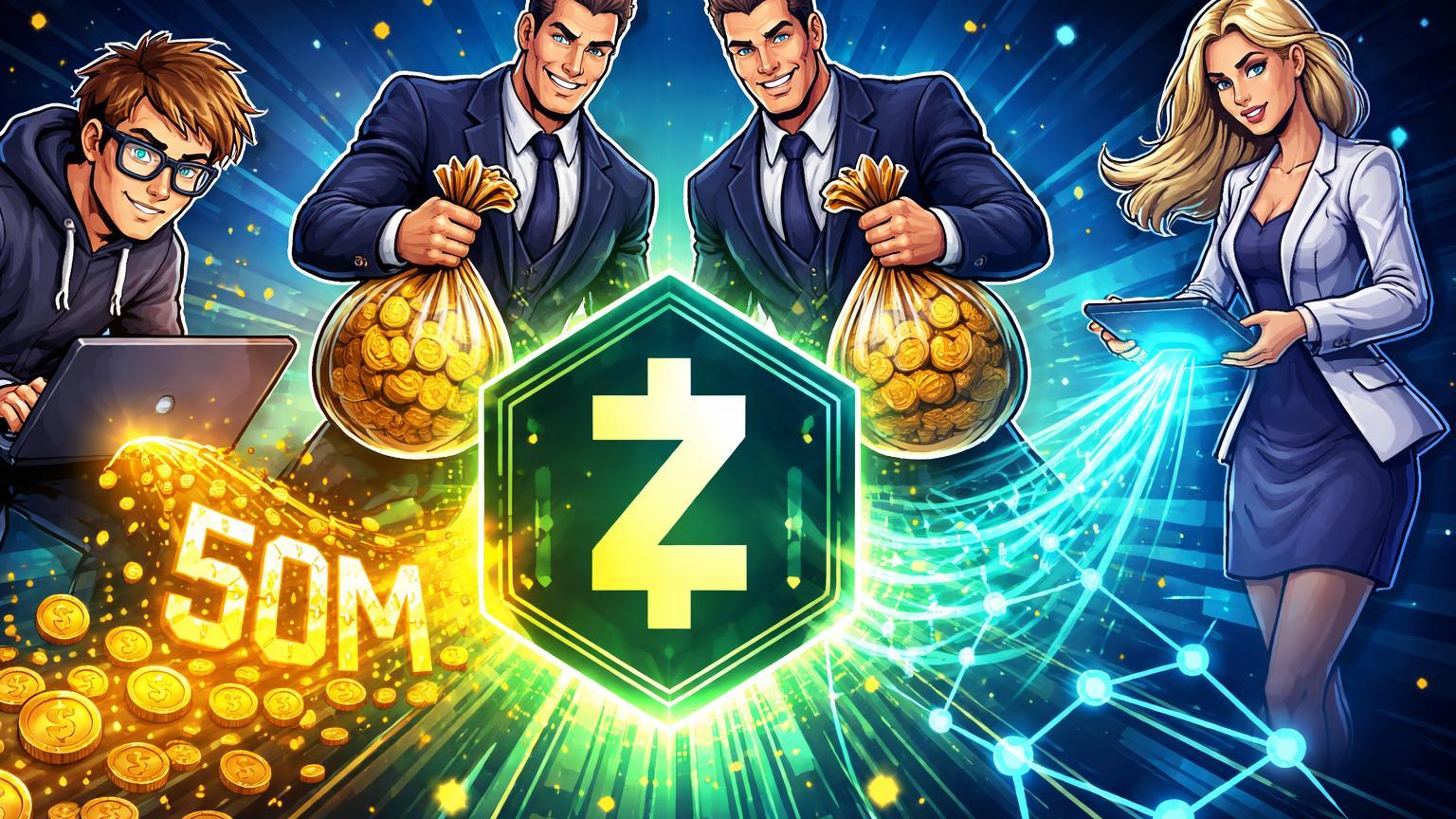 Personagens cartoon estilizados injetando ouro em escudo Zcash com '50M' no fluxo, simbolizando investimentos de Vitalik e Winklevoss em privacy coins
