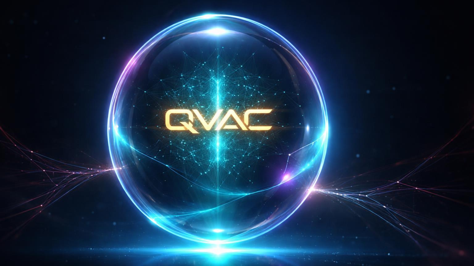 Esfera glassmorphism translúcida com núcleo IA 'QVAC' pulsante, isolada de rede externa, simbolizando privacidade total em Edge AI da Tether