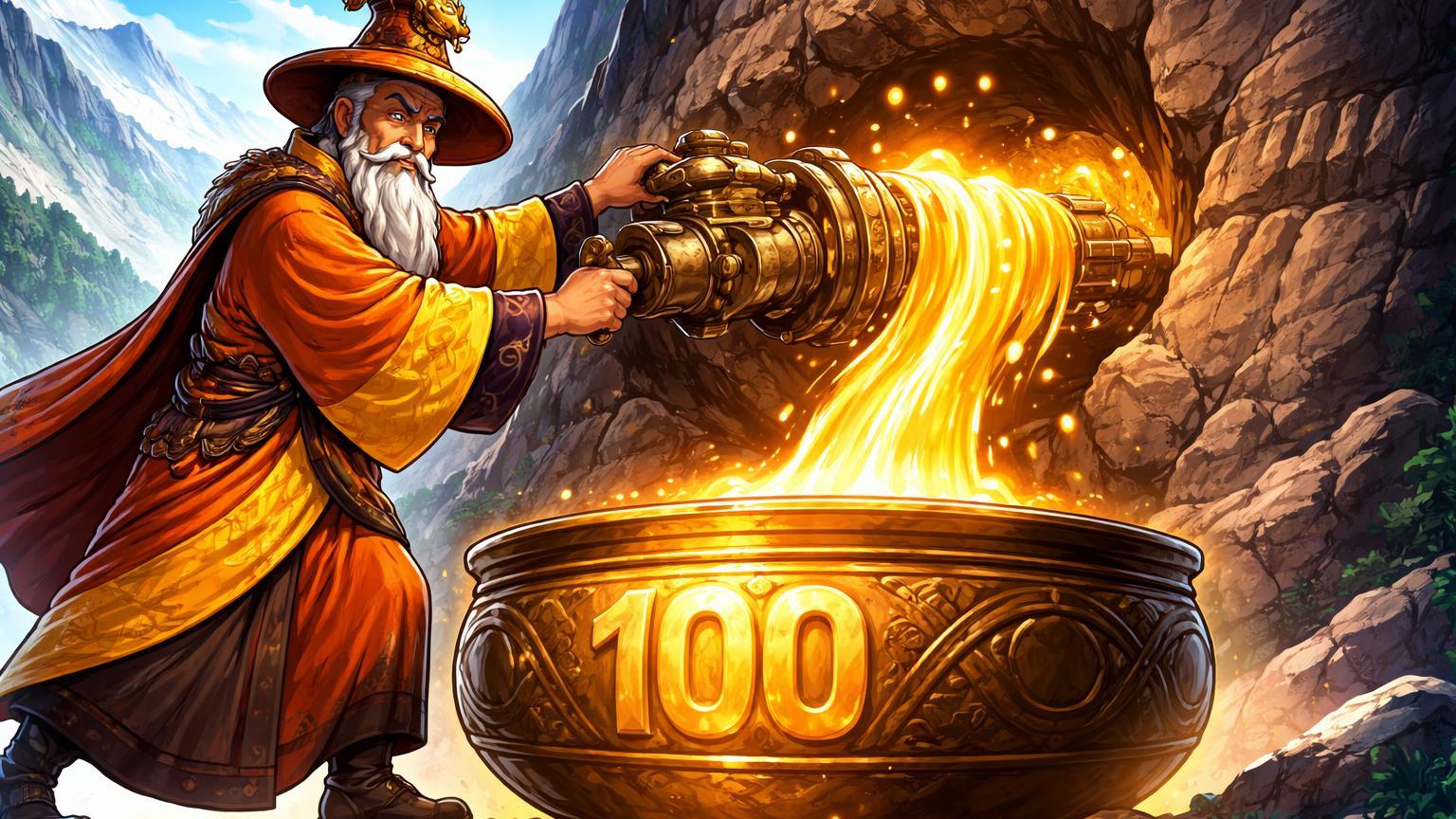 Guardião bhutanês cartoon girando torneira em montanha-mine liberando fluxo de 100 BTC, simbolizando vendas cautelosas de tesouraria minerada