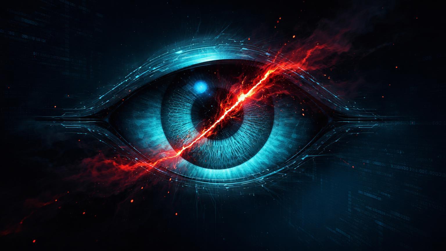 Olho cibernético de vigilância com íris rachada emitindo partículas vermelhas tóxicas, alertando sobre ransomware via bossware em cripto