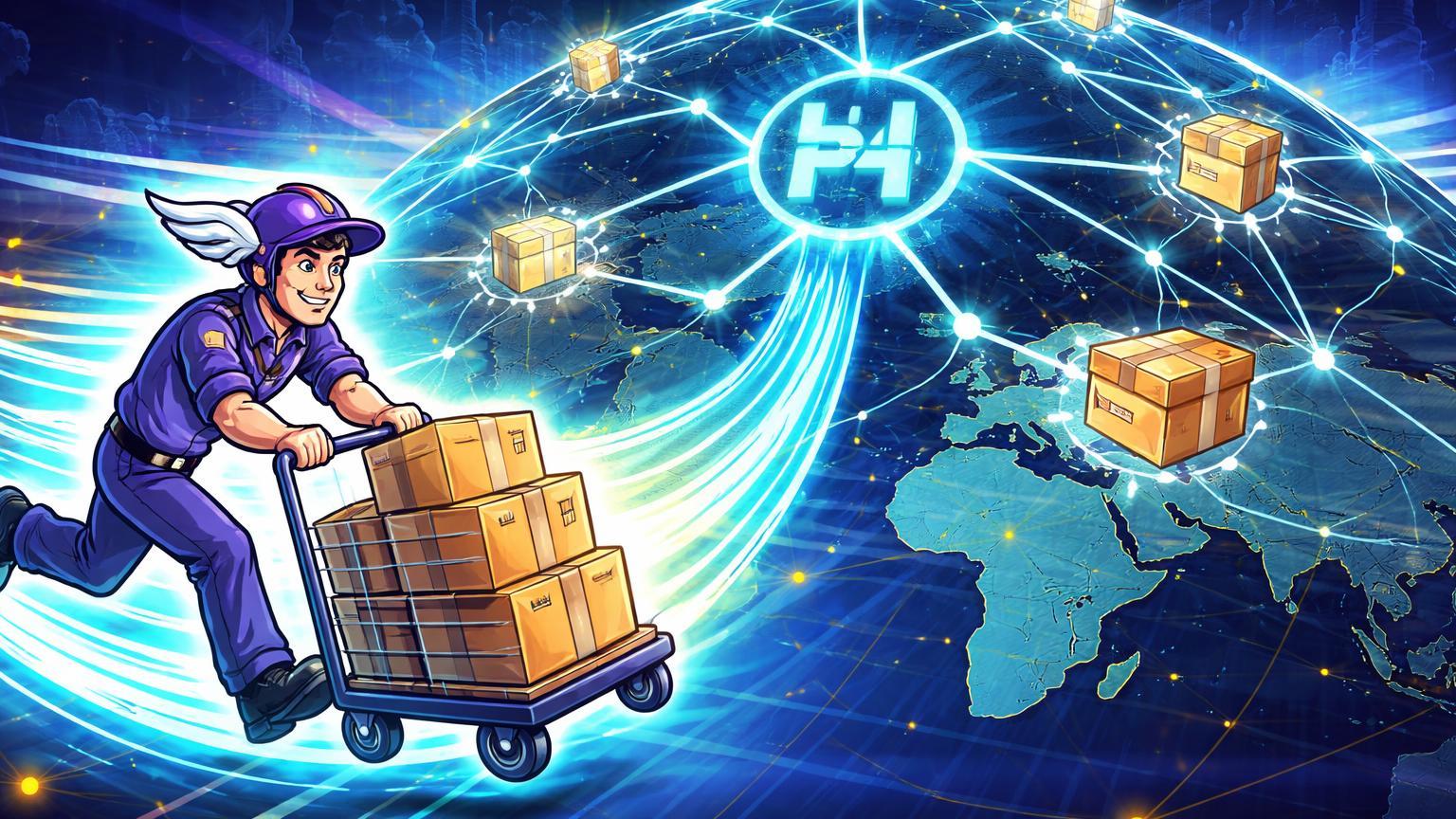 Entregador cartoon empurrando carrinho de pacotes que vira fluxo blockchain em rede Hedera, simbolizando entregas otimizadas pela FedEx