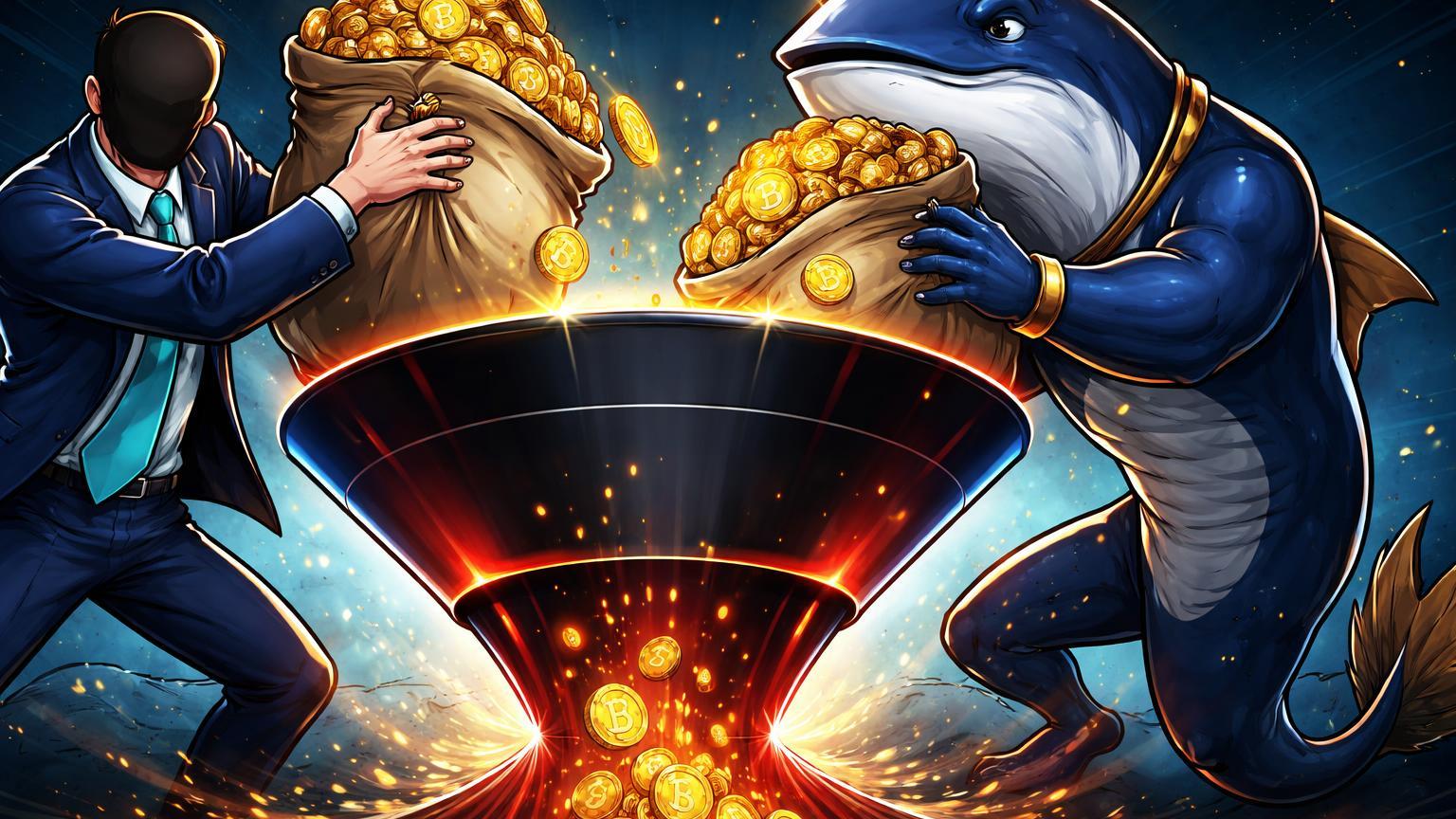Executivo corporativo e baleia cartoon despejando BTC em funil de exchange negro, simbolizando movimentações de BlackRock e baleias com pressão vendedora