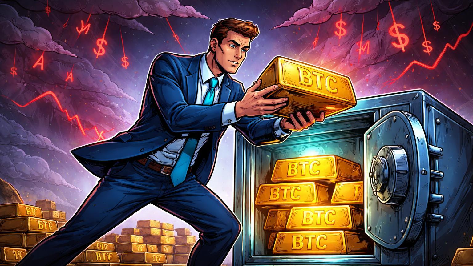 Executivo cartoon empilhando barras BTC em cofre forte enquanto gráficos caem ao fundo, simbolizando acúmulo de Bitcoin pela Coinbase apesar de prejuízos