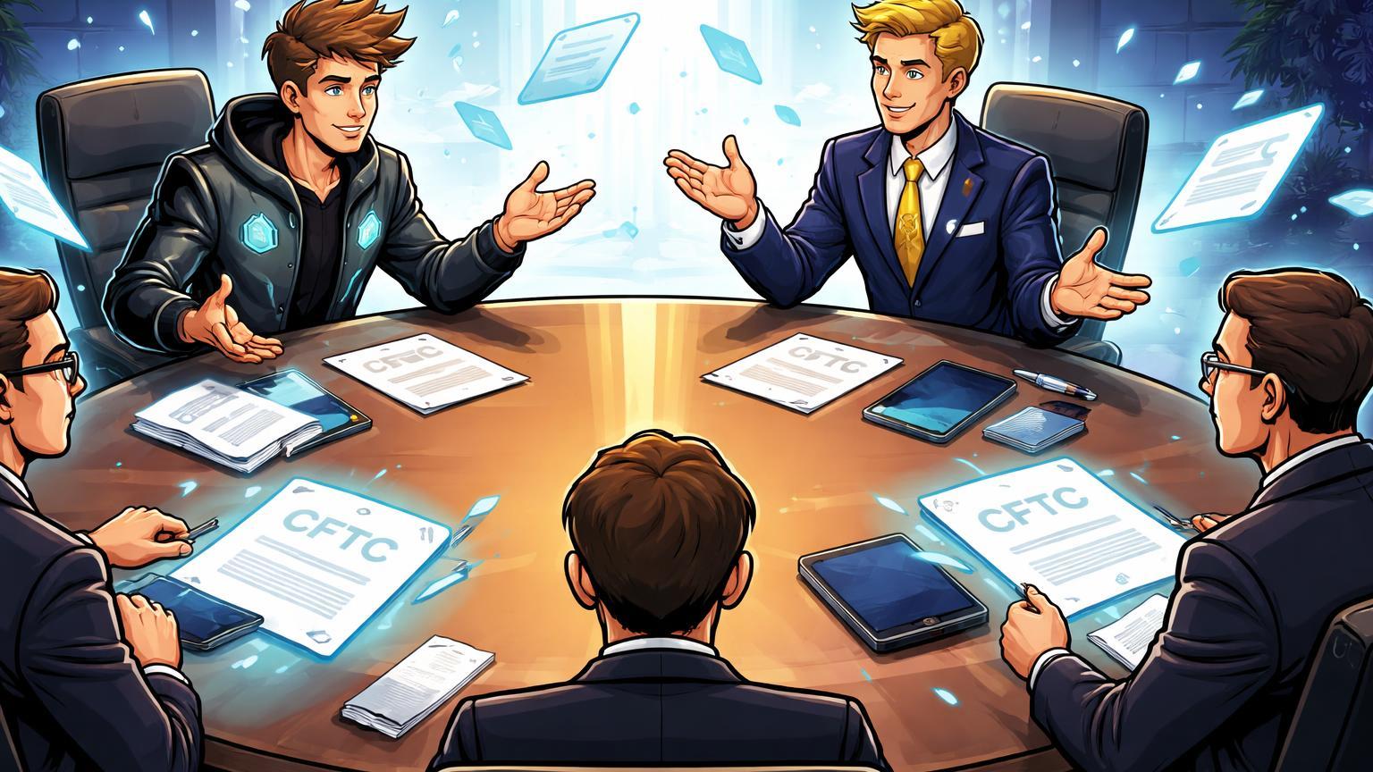 CEOs cartoon de Coinbase e Ripple aconselhando reguladores CFTC em mesa consultiva, simbolizando nova colaboração regulatória via Clarity Act