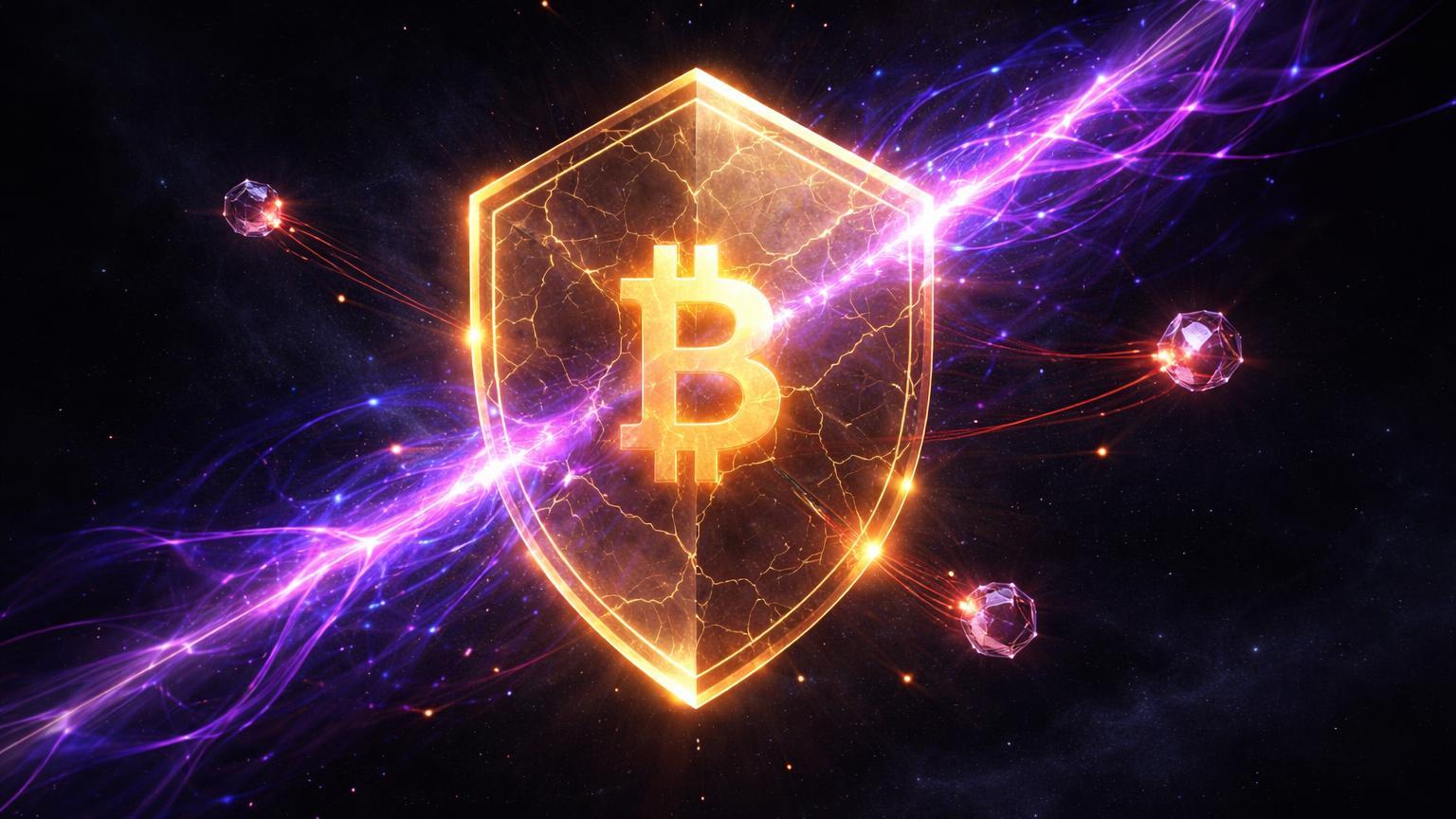 Escudo hexagonal dourado com ondas quânticas roxas interferindo, simbolizando ameaça de computação quântica à segurança do Bitcoin