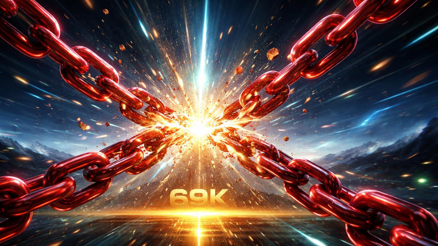 Correntes vermelhas rompendo com explosão dourada e cyan, simbolizando short squeeze bilionário do Bitcoin após CPI baixa