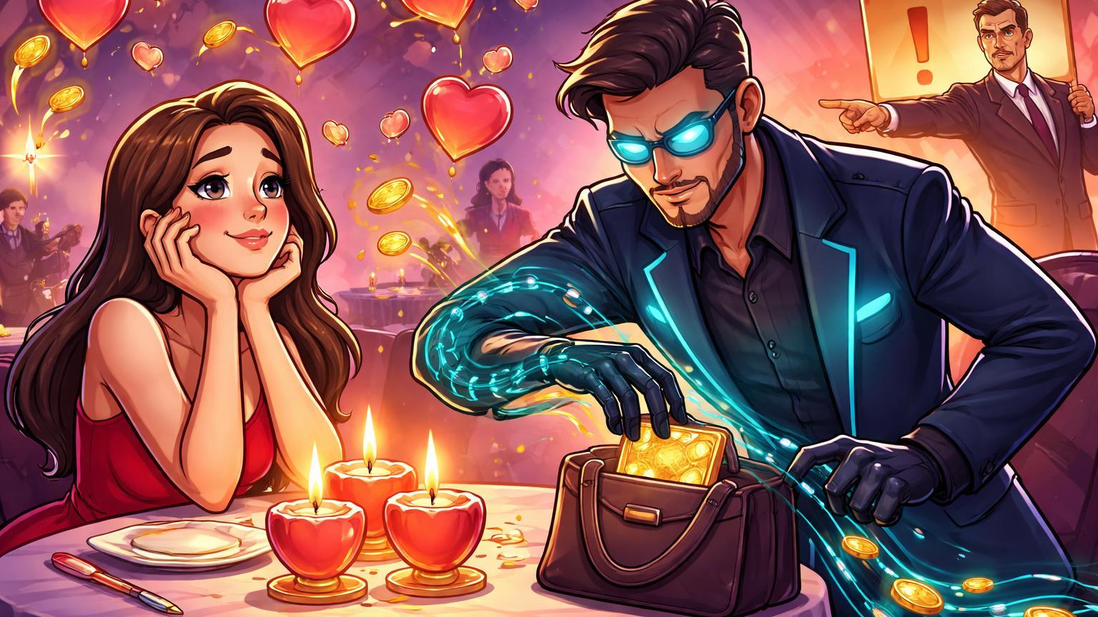 Cena cartoon de jantar romântico onde golpista cibernético rouba cripto de vítima, com promotor alertando, ilustrando golpes pig butchering em Ohio