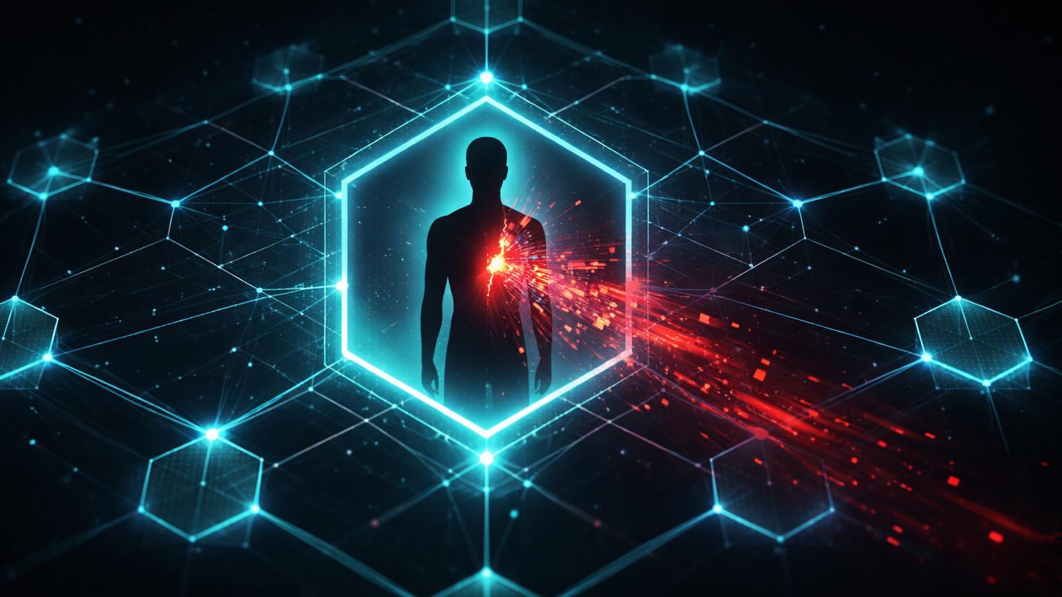 Rede blockchain hexagonal com silhueta humana infiltrada vazando dados vermelhos, ilustrando ataque de engenharia social na Figure