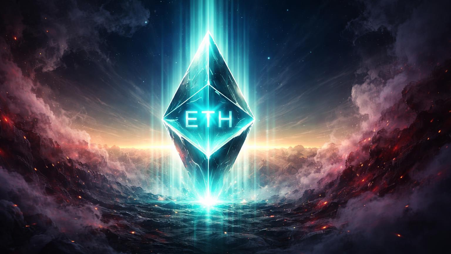 Neblina de alavancagem dissipando-se revelando prisma Ethereum luminoso com raios ascendentes, simbolizando redução de juros abertos e potencial de alta