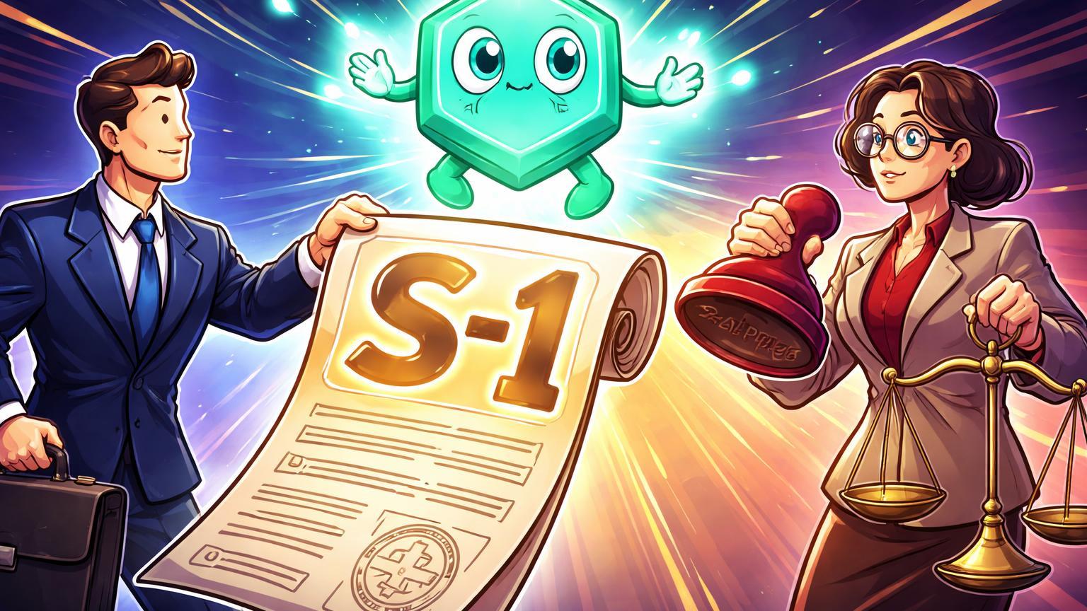 Personagem Grayscale cartoon entregando formulário S-1 à SEC com AAVE DeFi flutuando, simbolizando pedido de ETF spot em lending