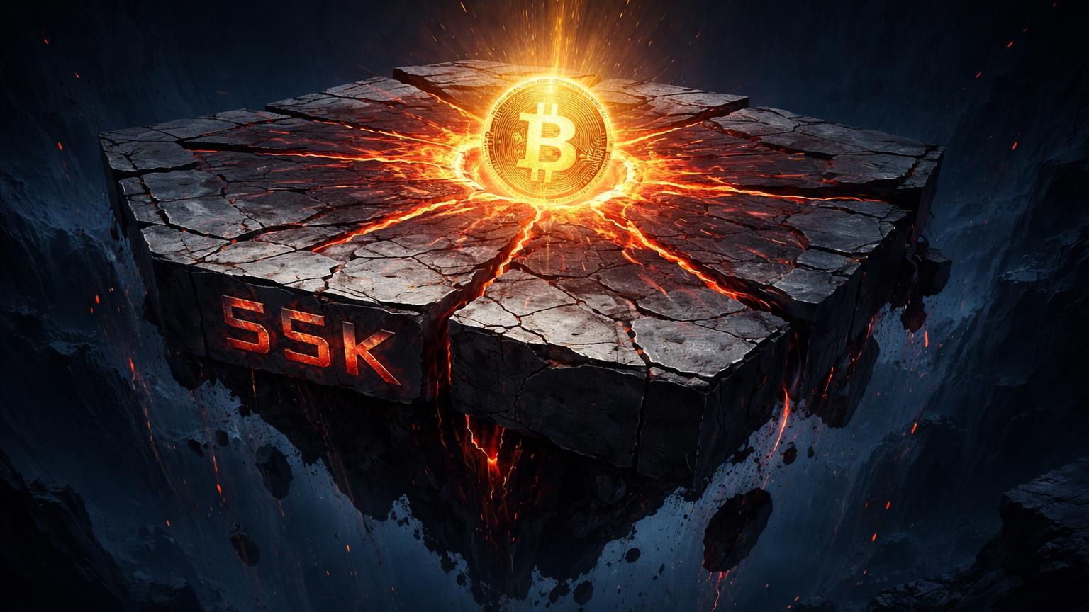 Plataforma hexagonal instável rachando com núcleo dourado Bitcoin e '55K' marcado, simbolizando teste de suporte e capitulação pendente