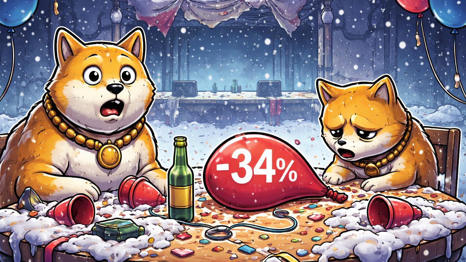 Personagens Shiba cartoon desanimados em festa murcha sob neve com '34%' em balão, simbolizando queda e capitulação das memecoins