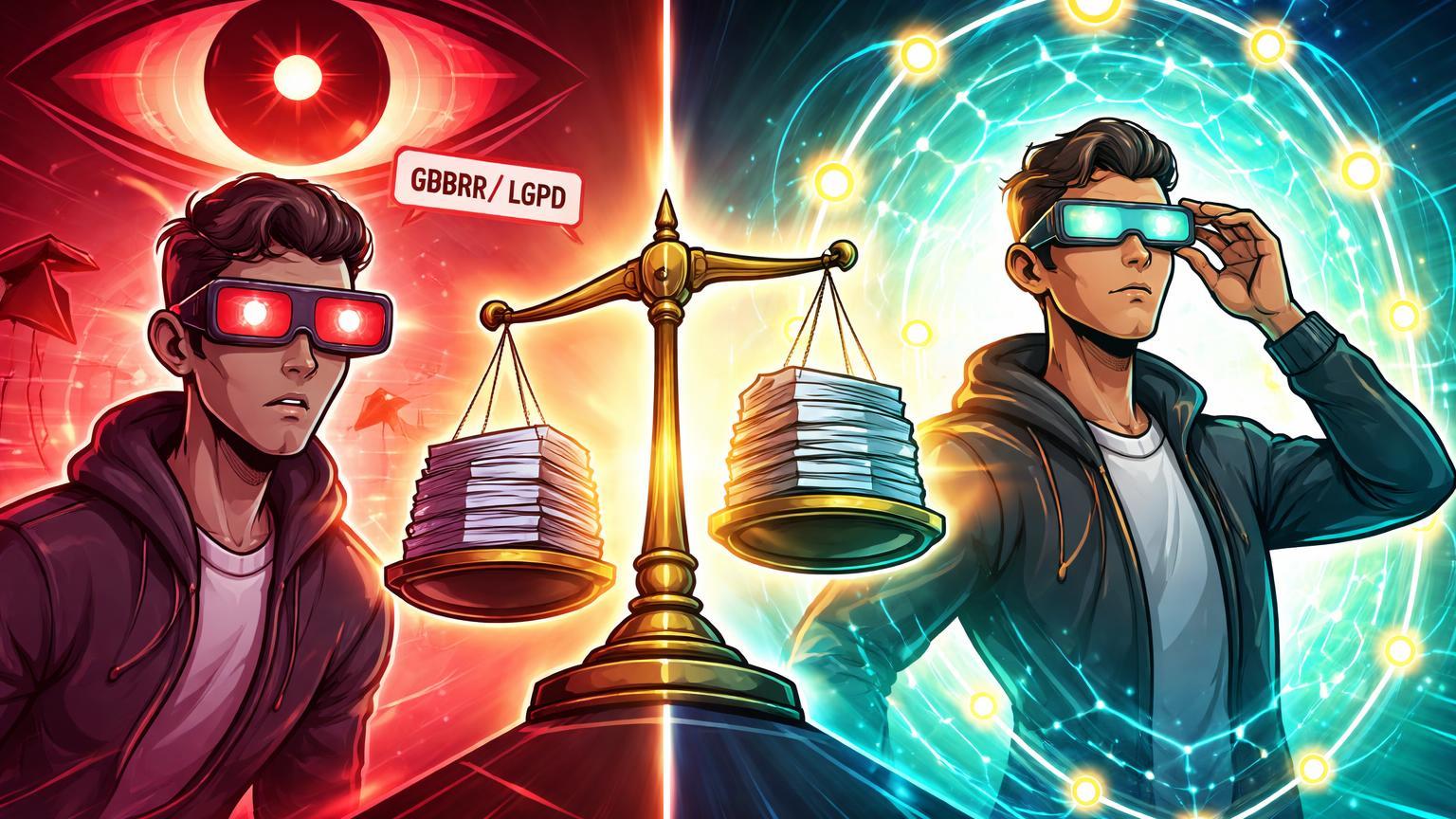 Figuras cartoon contrastantes: uma vigiada por name tag Meta e olho corporativo, outra com escudo Web3 soberano, simbolizando impulso regulatório à identidade descentralizada