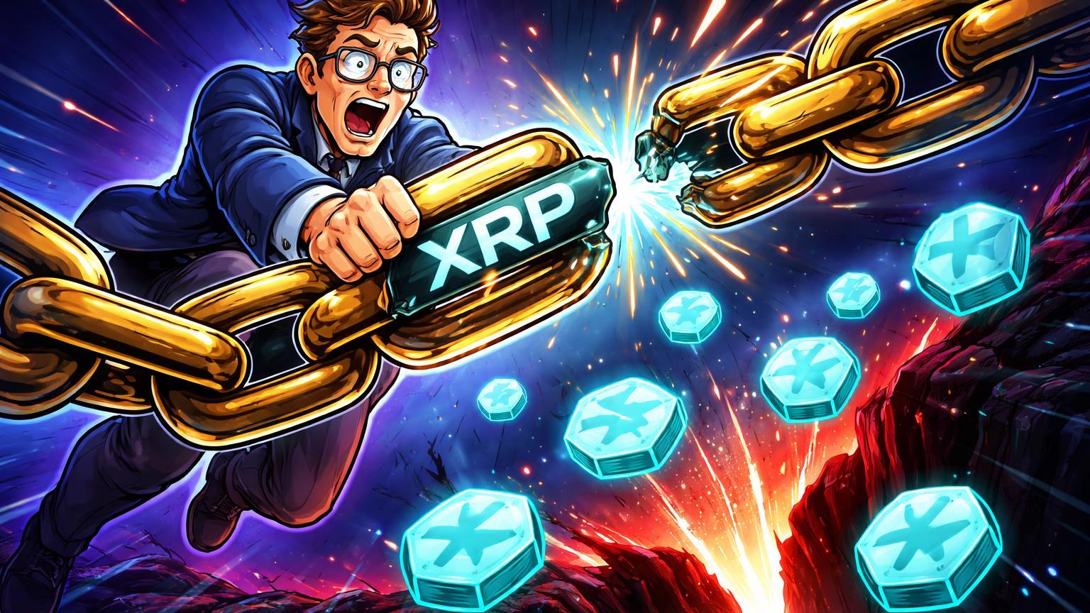 Personagem cartoon segurando elo rompido de corrente XRP com tokens caindo em abismo, alertando sobre scams irreversíveis no XRP Ledger