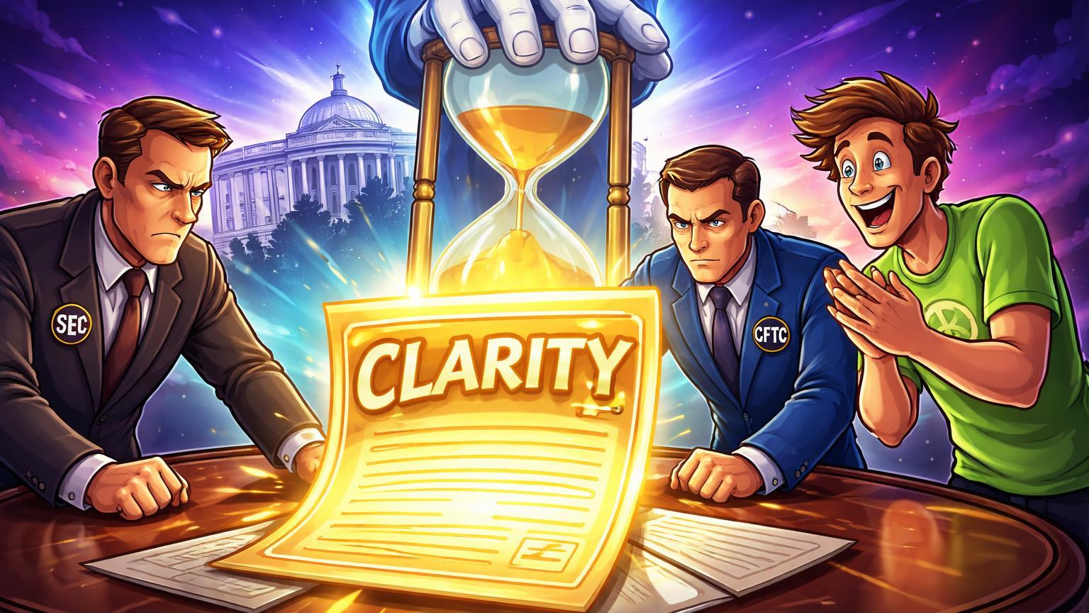 Personagens cartoon de reguladores SEC e CFTC negociando Clarity Act sob mão da Casa Branca e relógio, com investidor otimista simbolizando pressão regulatória em cripto