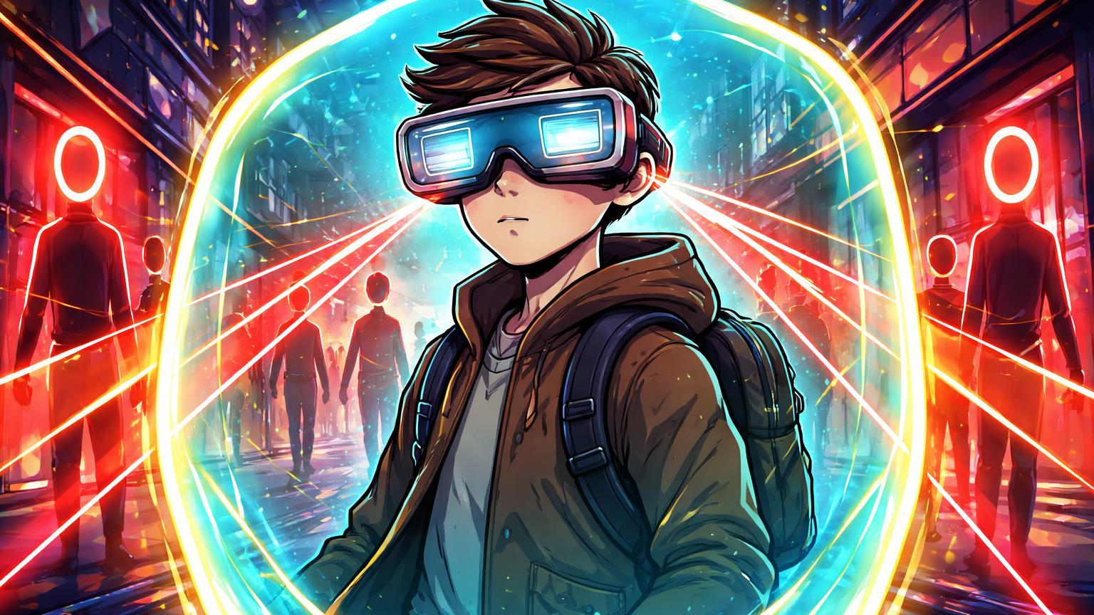 Personagem cartoon com óculos inteligentes emitindo scans vermelhos de reconhecimento facial, protegido por escudo cyan simbolizando soberania cripto de dados