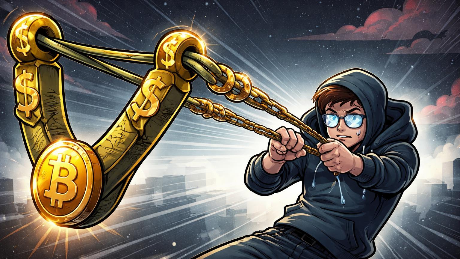 Investidor cartoon puxando estilingue monetário com Bitcoin esticada, simbolizando teste de paciência dos traders em meio à consolidação do mercado