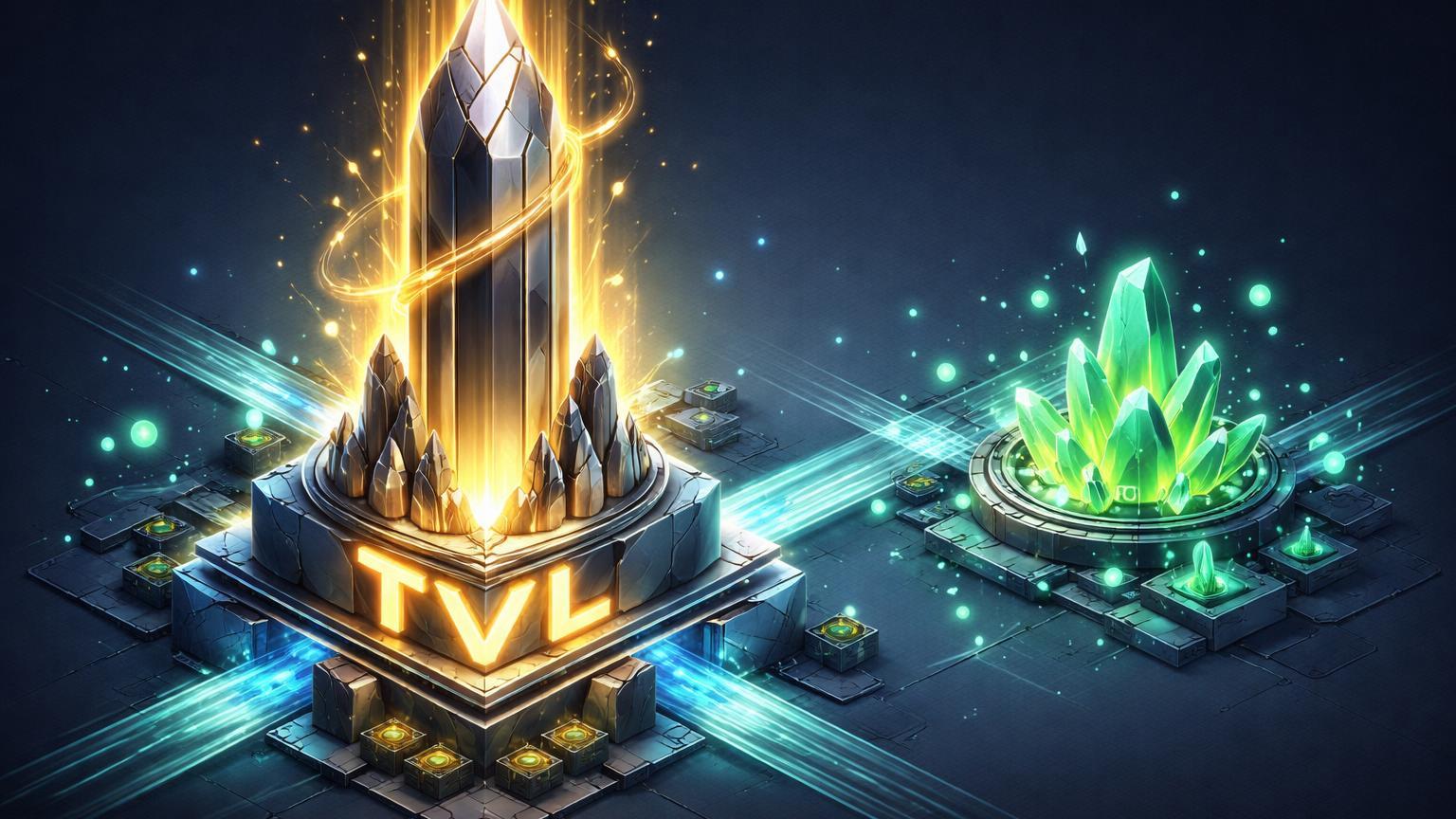 Ecossistema DeFi isométrico com torre Aave crescendo via fluxos TVL dourados e Polygon expandindo cristais verdes, alta em TVL e POL