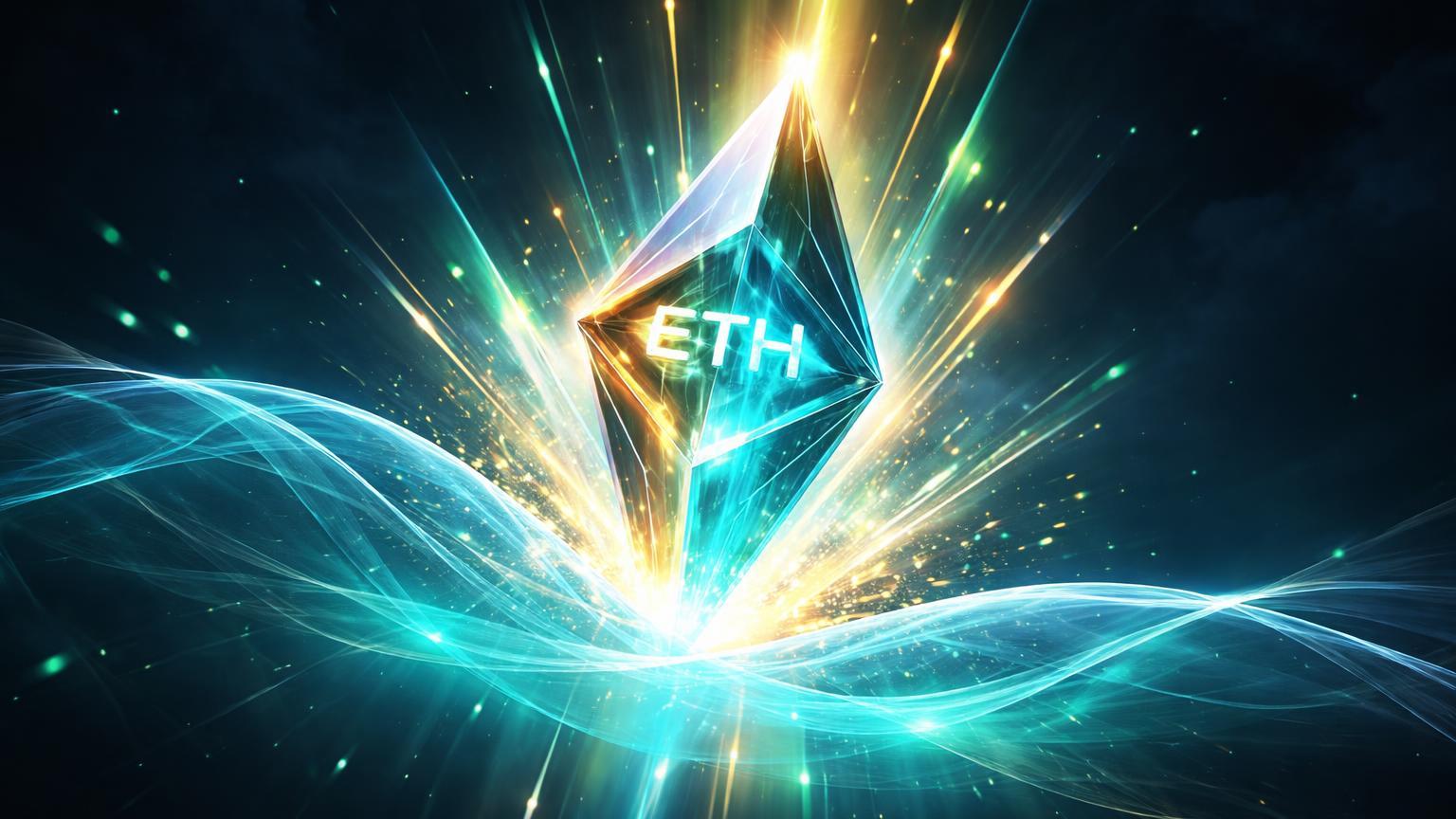 Prisma cristalino ETH rompendo barreira translúcida com explosão de luz cyan e dourada, simbolizando rally de 7,3% e recuperação técnica acima de US$ 2.100