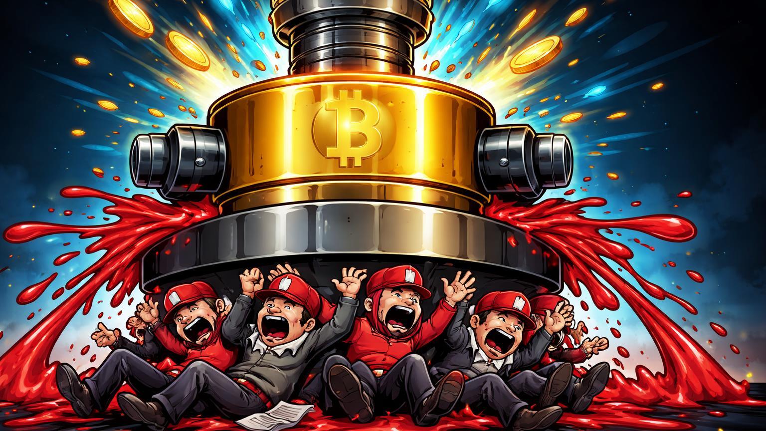 Prensa cartoon dourada esmagando traders shorts vermelhos com explosão cyan, ilustrando liquidações de US$ 189 mi no short squeeze do Bitcoin