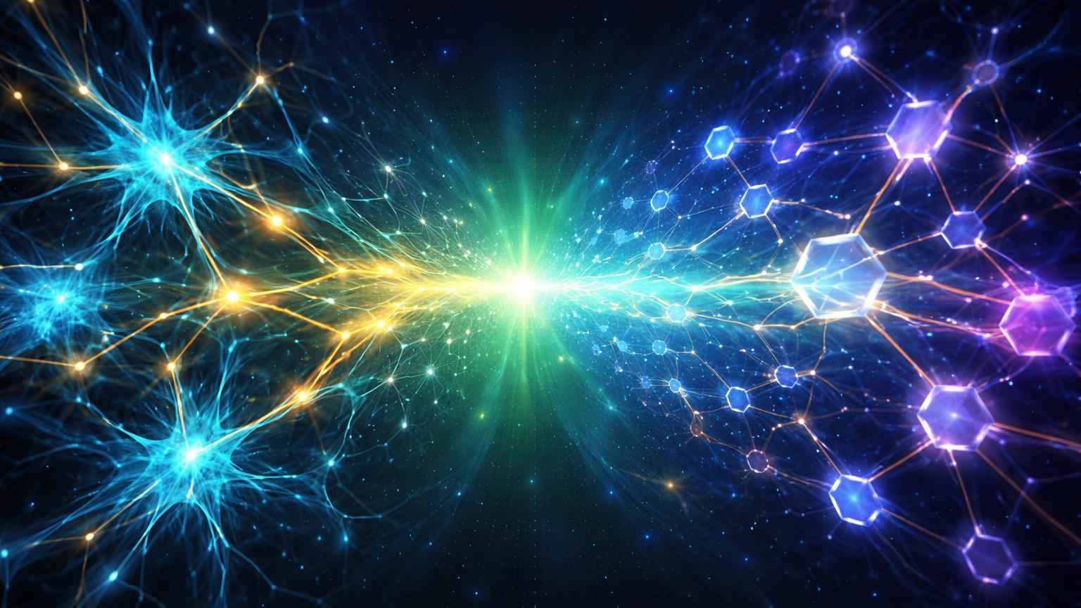 Rede neural cyan se fundindo com rede DeFi hexagonal e stablecoins, simbolizando tendências IA-finanças e adoção massiva do Consensus HK 2026