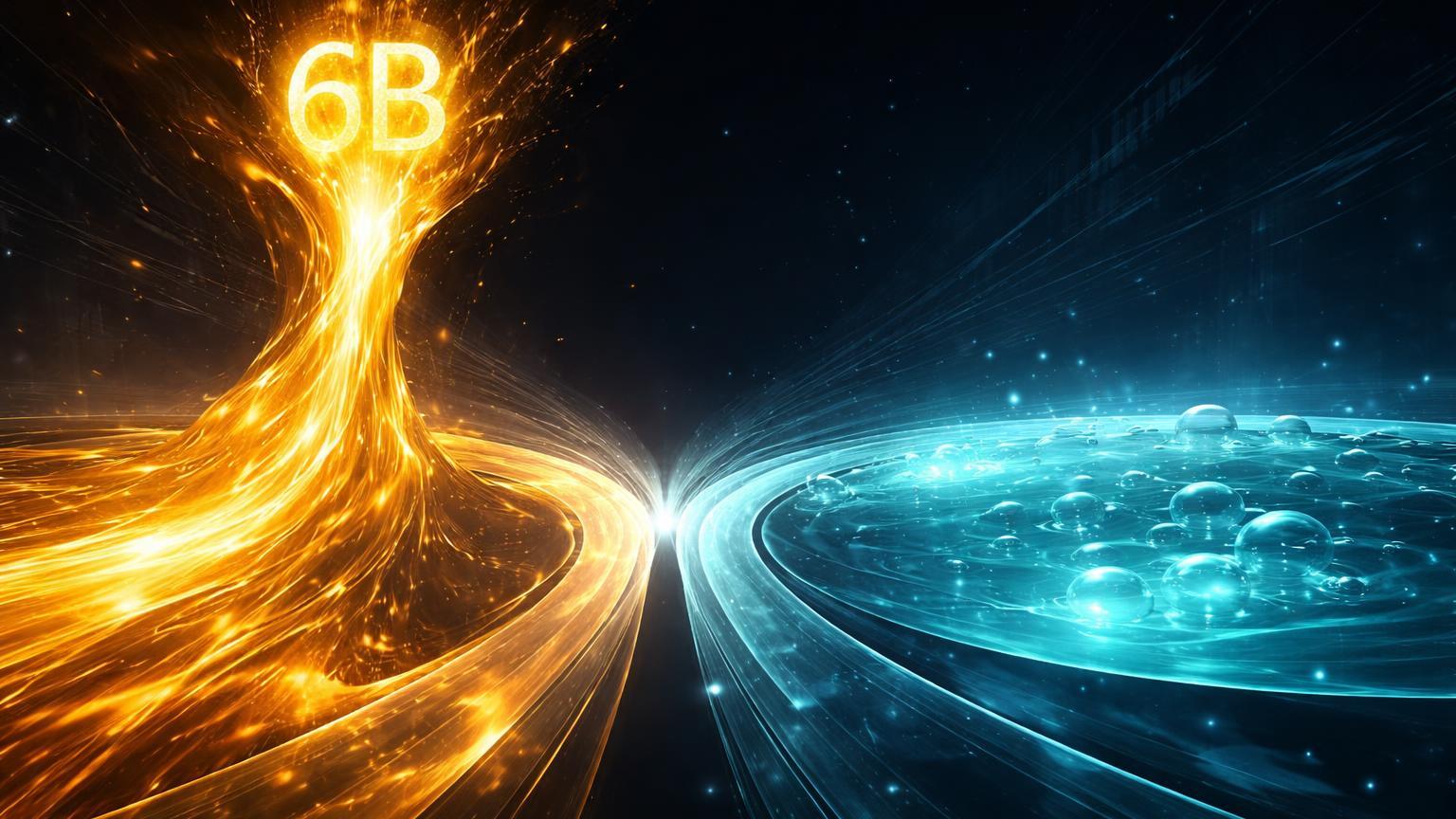 Fluxo dourado ascendente com '6B' contrastando piscina cyan estagnada de stablecoins, ilustrando dilema RWA vs demanda por Bitcoin